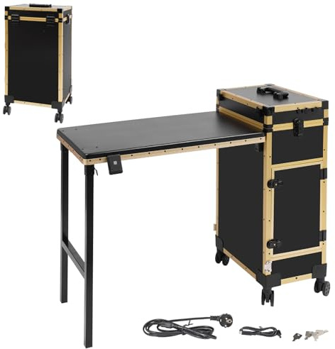 Kosmetikkoffer Nageltisch Maniküretisch, Faltbar Maniküre Tisch mit 3 Schubladen, LED Spiegel & Schlüssel, Multifunction Kosmetik Koffer Friseurkoffer, Schminktisch mit 4 Rollen, bis 50kg (Gold)