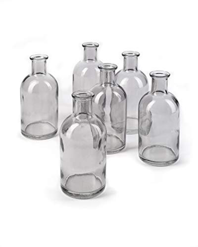 Bud Vases, Apothecary Jars, Decorative Glass Bottles, Centerpiece for Wedding Reception, Elegant Antique Decoration, Mini Flower Vases, Small Medicine Bottles for Home Decor (Smoke Gray, Set of 6)