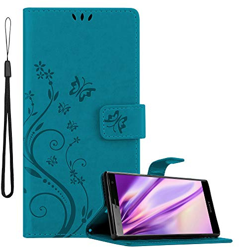 Cadorabo Hülle kompatibel mit Sony Xperia XZ2 Blumen Design aus Premium Kunst Leder Flip Klappbare Stoßfeste Magnetische [Standfunktion] [Kartenfächern] Cover Hülle für Sony Xperia XZ2 Tasche in Blau