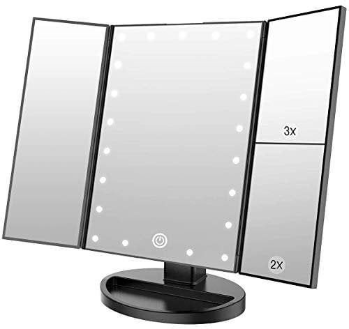 WEILY Schminkspiegel mit Beleuchtung, Faltbare Kosmetikspiegel mit 1X/2X/3X Vergrößerung, Schminkspiegel mit Touch Beleuchtung, Tischspiegel Unterstützung USB und Batterie (Schwarz)