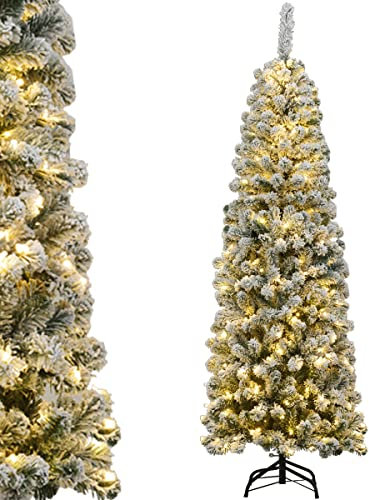 COSTWAY Sapin de Noël Artificiel Enneigé 180CM, Arbre de Noël avec 250 Lumières LED, 500 Aiguilles en PVC, Support Métallique Pliable, Décoration de Maison