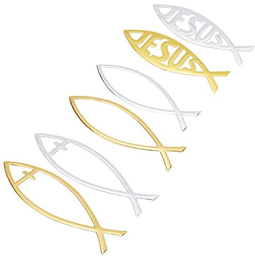 SUPERFINDINGS 6pcs 6 Arten PVC Klebeaufkleber Jesus Fisch Aufkleber Aufkleber 3D Auto Aufkleber Kunststoff Auto Emblem Für Jesus Christian Fisch Symbol Autodekorationen Gold Und Splitter