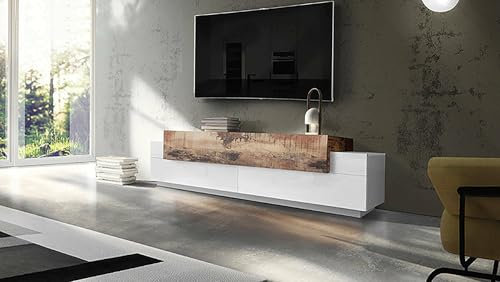 Dmora Mobile Porta TV TEO, Credenza Bassa da Soggiorno, Base Porta Televisione, 100% Made in Italy, cm 200x45h52, Bianco Lucido e Acero