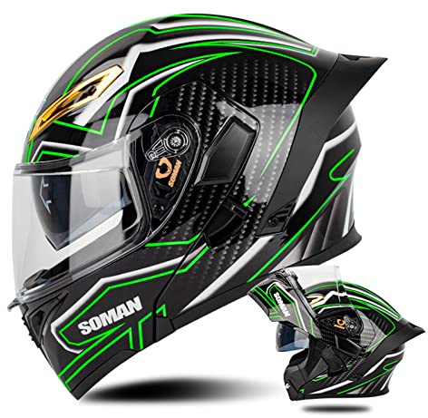Motorradhelme für Erwachsene modularer Helm, Straßenmotorrad, DOT-zertifizierter Integralhelm für Roller, Moped, Motorradhelm mit klarem/REVO/dunklem Visier – glänzend schwarz grün D,M