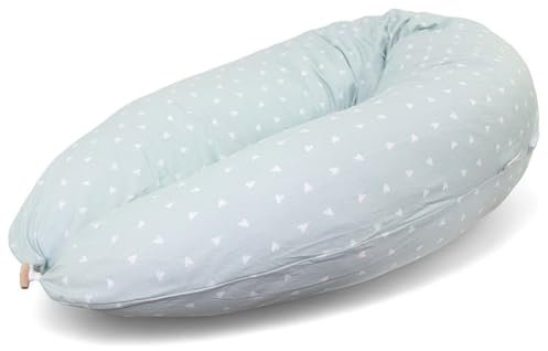 HOBEA-Germany Coussin d'allaitement 190 cm x 76 cm XXL Coussin de Grossesse Coussin pour Dormir sur Le côté avec Housse en Coton Biologique (Coeurs Vert Pastel)