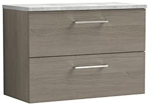 nuie ARN2526LBG Arno Modern Bathroom Wall Hung 2 Drawer Vanity Unit with Laminate Worktop, 800mm, Woodgrain Anthracite/Bellato Grey