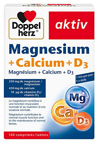 Doppelherz aktiv Magnésium+Calcium+D3, Complément alimentaire soutenant la fonction musculaire & ossature normale, 120 comprimés sans lactose ni gluten, riche en minéraux essentiels