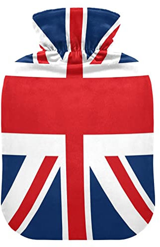 Mnsruu England British Flag Union Jack Hot Water Bottle with Velvet Cover, 1L Transparent Hot Water Bag for Hand Pain Relief Hot Cold Therapy Cramps