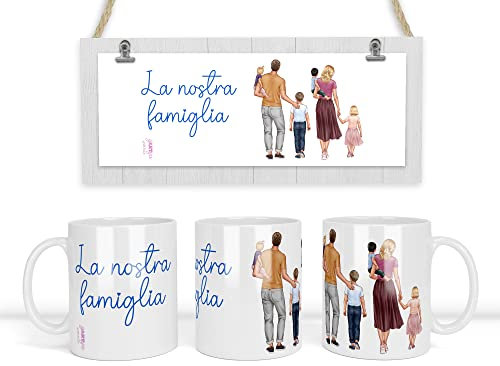 Tazza mug personalizzata con famiglia con frase e personaggi personalizzati abito capelli mamma papà bambini bebè 3 o più personaggi