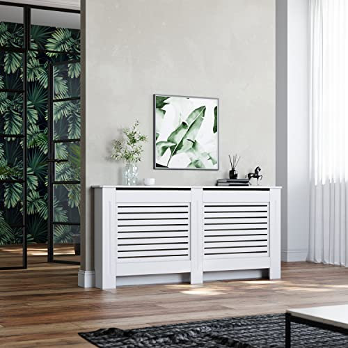 ELEGANT Radiator Cover Extra Large White Painted Radiator Cabinet Horizontal Slatted Grill Top Storage Shelve MDF Wood Living Room Cabinet