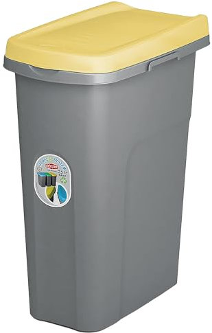 Home Centre Lift Top Lid 25L Waste Bin Kitchen School Slim Recycling General Trash & Storage Recycled Rubbish Sturdy Organiser Quality Container Made in Italy Yellow-Grey