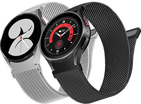 2 Stück Keine Lücke Edelstahl Armband für Samsung Galaxy Watch 6/5/4 40mm 44mm/Galaxy Watch 5 Pro 45mm/Galaxy Watch 6/4 Classic 43mm 47mm 42mm 46mm/Watch 3 41mm, Mesh Metall, Silber/Schwarz