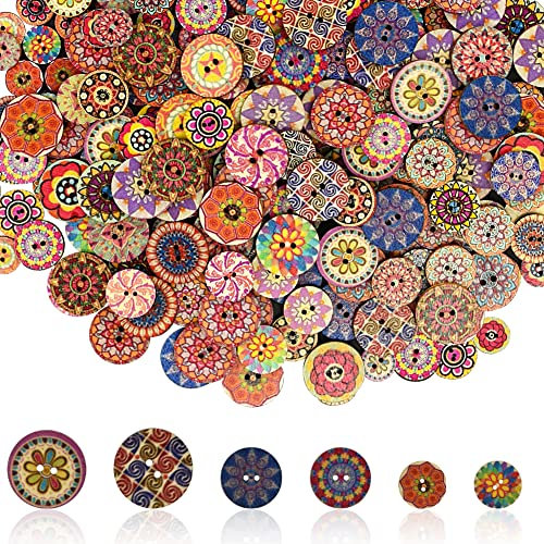 LANSKYLAN Bunte Holzknöpfe - Retro Knöpfe für Kleidung, 300 Stück, 15/20/25MM, Gemischte Rund Blumen Puppenknöpfe, Bunt, Geometrische, zum Basteln und Nähen