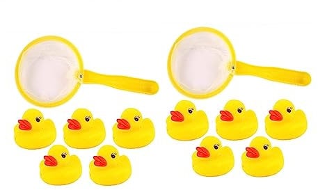 Mini Rubber Ducks 10 with 2 Fishing Net Bath Toy Set - Fun Water Games for Kids, Perfect for Summer Paddling Pools and Baby Showers
