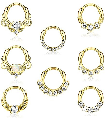 Morfetto 8 STÜCK 16G Septum Clicker Ring Edelstahl CZ Opal Knorpel Helix Tragus Hoop Daith Ohrringe Nasenringe Hoop Klappsegment Clicker Ring Piercing Schmuck Gold 10mm