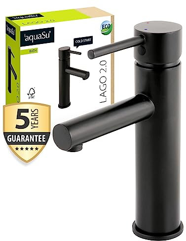 'aquaSu® Waschbeckenarmatur Lago 2.0 hoch, Wasserspar-Kartusche, Kosten-sparende Kaltwassermittelstellung, Keramikkartusche, Waschtischarmatur mit Pop-Up-Ventil Typ 1 1/4 '', schwarz, 795524