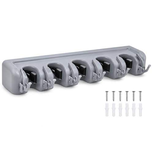 ACCURATE Durable Wall Mounted Mop & Broom Organiser With 5 Position and 6 Hooks | Waterproof | Eco Friendly |Lightweight & Non-toxic Perfect for Kitchen, Toilet, Garage and Workplace (GREY)