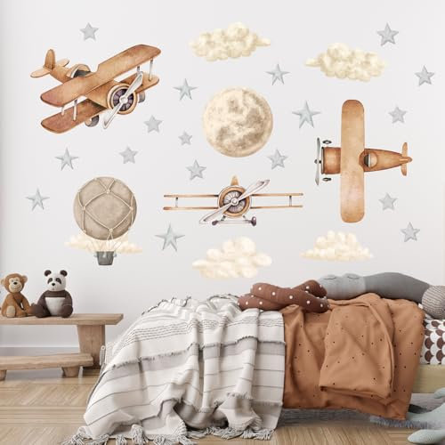 FLUGZEUG-Heißluftballon-Boho-Wandaufkleber/Flugzeug-Kinderzimmer-Wandaufkleber/Aquarell-Aufkleber/Wandaufkleber für den Jungen