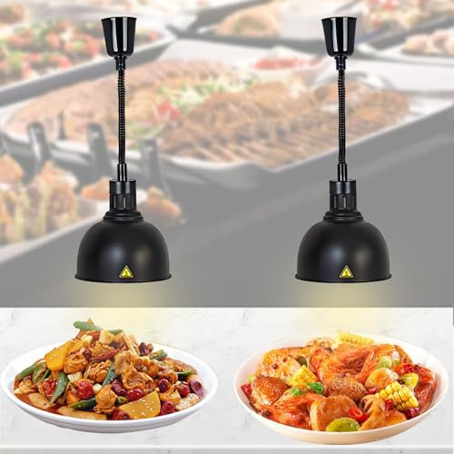 BOVDC Wärmelampe Küche, Schwarz Lebensmittel Wärmelampe für Küche 19cm/25cm, Hängende Wärmelampen für Speisen Einstellbar für Küche, Buffets und Hotels(2 Stück, 25cm)