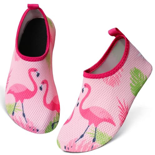 TMEOG Chaussure Aquatique Enfant Chaussure de Plage Fille Garçon Chaussure Eau Piscine Antidérapante, Chaussures pieds nus Chaussure de Mer Natation Surf(32/33 EU,FLMG-Rose)