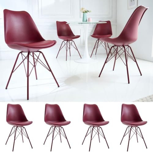 LEBENSwohnART 4er Set Design-Klassiker Stuhl Norway rot Retro Metallgestell