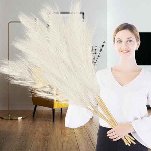 Lighterday Lot de 6 grandes herbes de la pampa artificielles séchées - Pour mariage, salon, chambre à coucher, décoration d'intérieur (blanc)