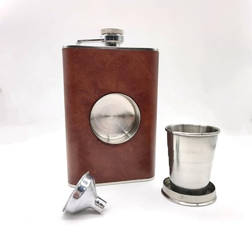 CNFLASK Stainless Steel 8oz Shot Flask Hip Flask With Built in Collapsible Cup (Deep Brown)