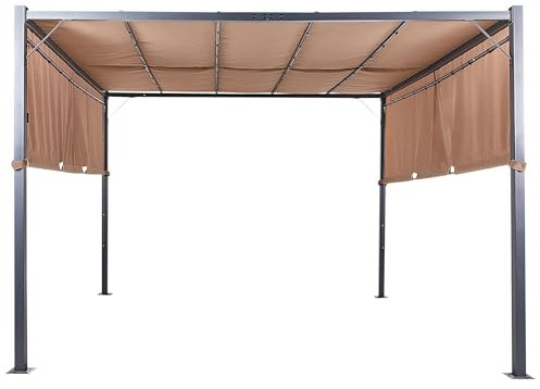 Cenador pérgola de jardín 310 x 310 cm pantalla de tela estructura metálica luces LED solares marrón Parga