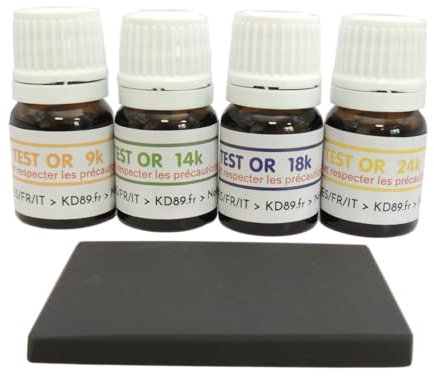 KD89 Set di 4 reattivi/soluzioni per testare l'oro, 9-14-18-24 carati, con pietra di paragone naturale e istruzioni multilingue, competenza per gioielli, monete, lingottini, 2,5 ml