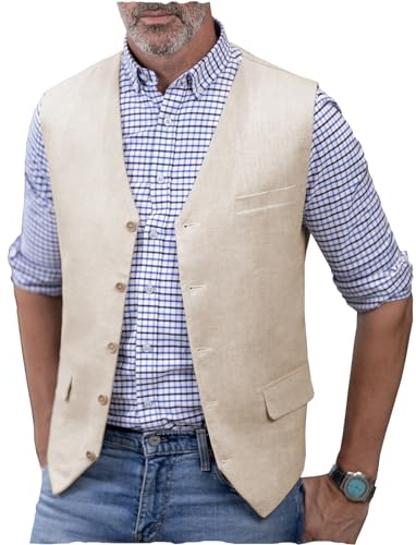 AeoTeokey Herren Leinenweste Sommer Anzug Weste V-Ausschnitt Leichte Freizeitweste Regular Fit(Beige,XL)