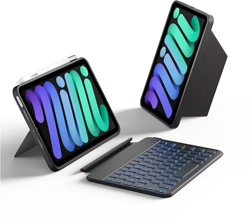 HOU Keyboard Case for iPad Mini 6 2021 8.3, Ultra Slim Folio Type of Keyboard, Magnetic Detachable, Multi-Angle, Full Edge Protective Cover, 7-Color Backlit