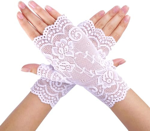 Lufdegim Damen Spitzenhandschuhe Fingerlose Handschuhe Kurze Party Spitze Satin handschuhe Teeparty Braut Hochzeits Oper Tanz Cosplay Kostüm Zubehör Elegante (1, Weiß, 18cm)