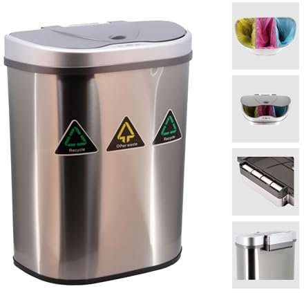 70L Stainless Steel Smart Trash Can – Kitchen Recycle Bin 3 Compartments – Battery Powered for Rubbish, Recycling Dust Bins with sensor Lid – Plastic, Bottle and General Food Waste