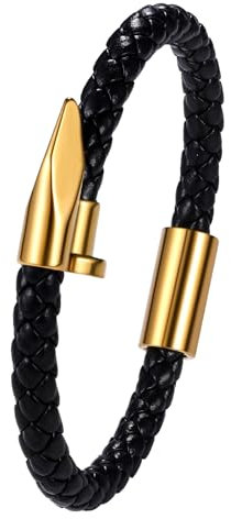 NMQLX Geflochten Armband mit Nagel aus Echtleder: Punk Gold Pfeilspitze Echtlederarmband Geflochten Offener Armreif Manschette mit Vergolden Edelstahl Spitze für Herren Damen