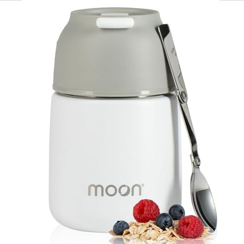 Moon Insulated Food Flask - Food Jar & Soup Container, Thermal Food Container to Keep Your Meal Hot for Longer, Free Folding Spoon, Leakproof, UK Company (500ml White)