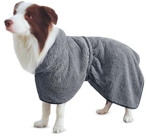 Bienbee Weicher Hundebademantel, super saugfähig und schnell trocknend, mit Kapuze, gemütlicher Trockenmantel für nach dem Baden, Grau, Größe XL