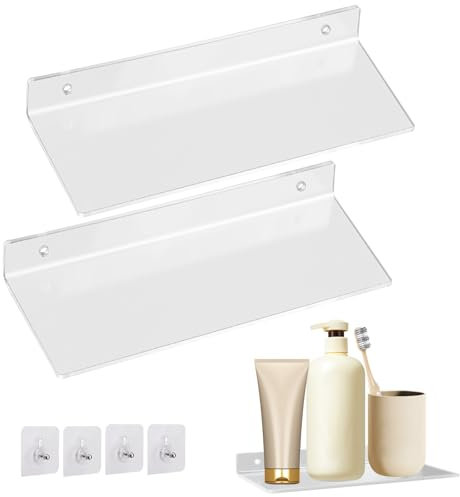 Etagere Sans Percage Etagere Sans Percer Longueur 20*10cm Étagère En Acrylique Étagère Flottante En Acrylique Pour Salle De Bain/Salon/Chambre/Cuisine/Bureau (2 Pièces, Couleur Transparente)