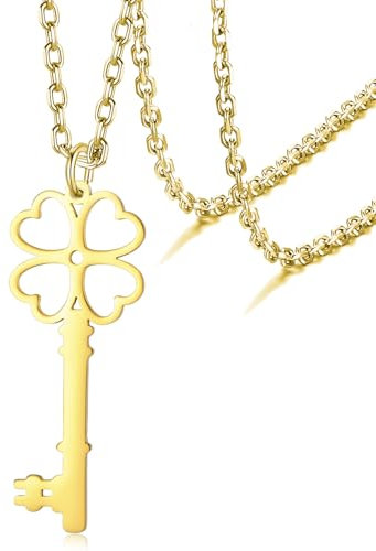 VASSAGO Clover Key Necklace Layered Four Leaf Clover Key Pendant Heart Love Lock Necklace Clover Key Jewelry for Women Teens (gold necklace)