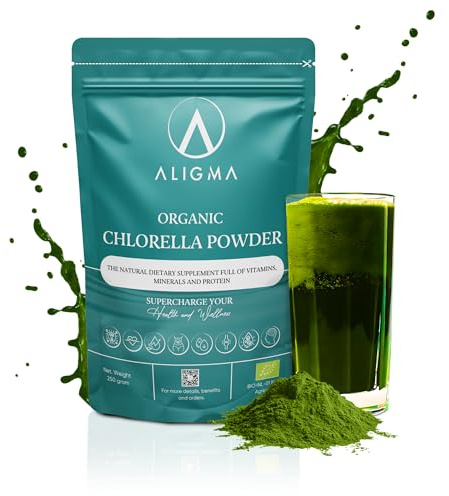 Aligma Organic Chlorella Powder 250g Vegan Protein Super Greens Powder | Chlorophyll rich, pairs with spirulina, for smoothies, shakes, juices & baking, gluten free, unflavoured, resealable pouch