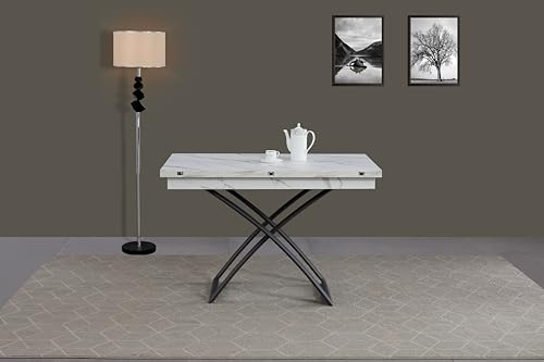 VOLERO' ; Wandelbarer platzsparender Tisch; höhenverstellbarer Tisch ;Modell Odisseo medium, Lift-Tisch ;Verstellbarer wohnzimmertish. (Weiß Geädert)