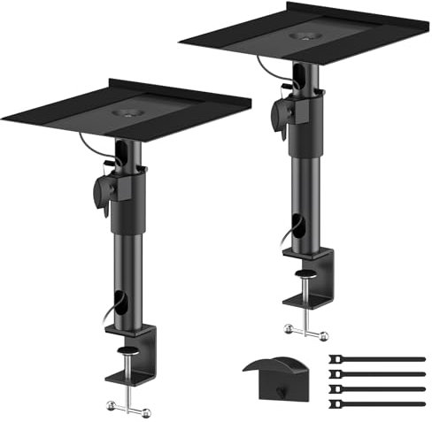 Clamp-on Desktop Speaker Stands Pair for Klipsch Bookshelf Speaker Stand - Height Adjustable Speaker Stand Desk for Klipsch R-50M, R-51M, R-41M, R-15PM and More Speakers Desk Stand Wr Cable Management