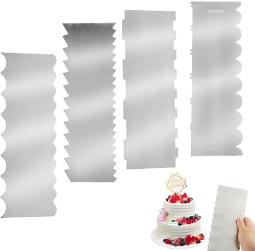 ROSYLEVE 4 Pezzi Raschietti per Torta Spatola per Dolci in Acciaio Inox 22 x 8 cm Argento in 4 Modelli per Diverse Forme di Bordi di Torte a Pettine Stampini per Spatola per Torte Panna