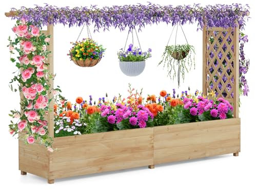 COSTWAY Hochbeet mit Rankgitter & hängendem Dach, Pflanzkasten mit Rankhilfe, Blumenkasten für Kletterpflanzen & hängende Körbe, für Hof Garten Terrasse, Pflanzgefäß aus Holz, Natur (200x44x114cm)