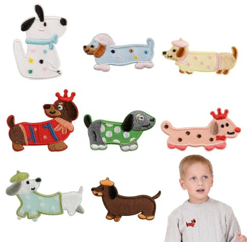 THXFUNAREA Bügelflicken Kinder,8 Stück Flicken Zum Aufbügeln,Hunde Patches Aufnäher,Bestickte,Bügelaufkleber Kleidung,DIY Bügelbilder für Hosen Jeans T-Shirt und Textilien