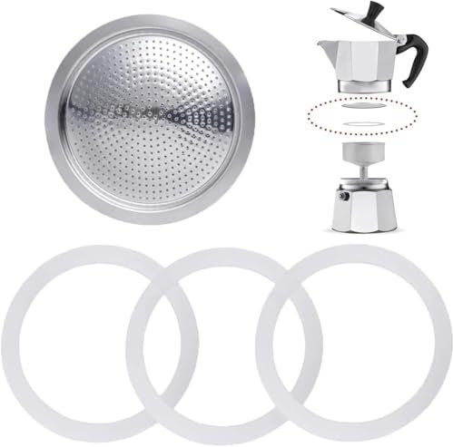 Anello di tenuta 3 tazze per Bialetti, Moka Express, Alriedy, 3 guarnizioni in silicone + 1 filtro in alluminio, compatibile con 3 e 4 tazze, diametro 6,5/5,4 cm