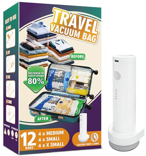 Storage Master Space Saver Bags for Travel and Home Reusable Vacuum Storage Bags Save 80% More Storage Space, 12 Pack, with Electric Pump