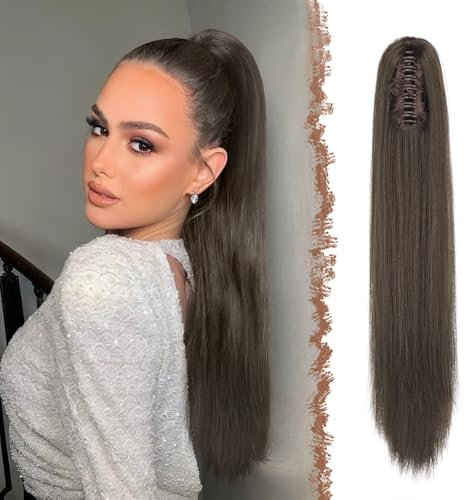 FESHFEN Coletas Postizas con Pinza - Coleta Postiza Pelo Natural Lisa Larga Ponytail Clip de Extensiones de Cabello Marrón Sintético Cola Postizos para Mujeres, 63 cm