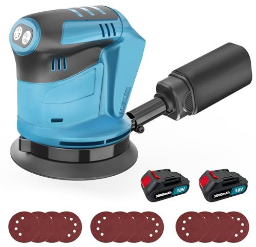 Cordless Random Orbital Sander for Makita, 125MM 3 Variable Speed Orbit Sander with 12 Sandpapers, Dust Collection Bag for Woodworking, Sanding & Polishing (2 * 3000mAh Battery)