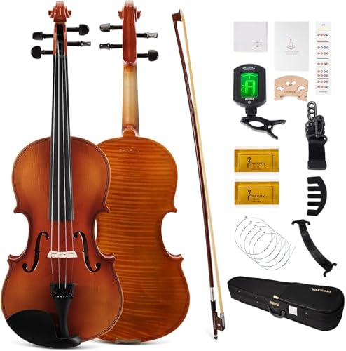 PHOENIX Violin 4/4 Full Size Kit, Fiddle Set for Beginner Adults Student with Rosewood Bow, Extra Strings&Bridge, 2 Rosins, Tuner, Case, Mute, Fingerboard Stickers, Shoulder Rest (4/4 Full Size Kit)
