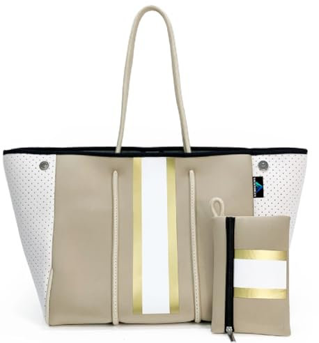 SACKTORLEX BOLSO PLAYA Mujer Grande Impermeable+Pouch INCLUIDO-bolsa playa de mano TOTE BAG tela Neopreno con cierre Mágnetico Ligero y Multiusos para Piscina, Playa, Trabajo y Viaje (BEIGE CREMA)